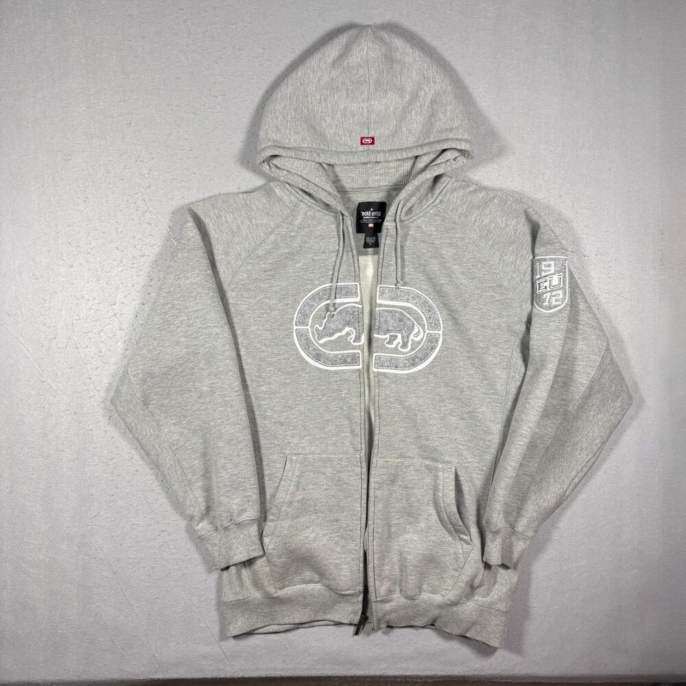 Vintage Y2K Ecko Unltd grey Rhino embroidery Zip up Hoodie Mens size XL